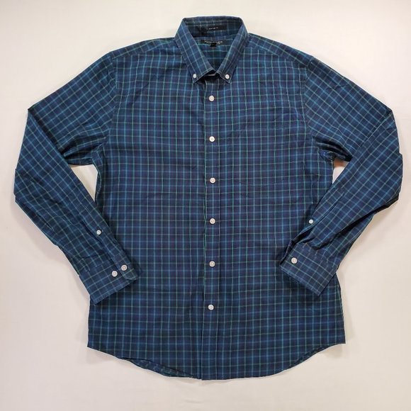 Banana Republic Shirt Men Medium Navy Plaid Slim Flex Fit Stretch Button Down - Picture 1 of 14